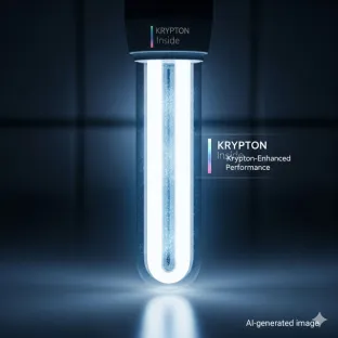 Lâmpada incandescente preenchida com kripton. Este gás raro é utilizado para melhorar a eficiência luminosa e prolongar a vida útil das lâmpadas, oferecendo uma solução de iluminação de alto desempenho.