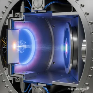 Vista em corte de um processo de deposição física de vapor (PVD) com um plasma de kripton. O gás é utilizado para o revestimento de materiais, melhorando as suas propriedades com depósitos de alta qualidade.