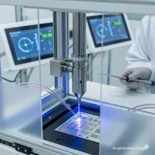Sistema de laser de laboratório em funcionamento, a utilizar kripton como gás de preenchimento. A imagem ilustra o seu papel nos lasers Excimer para a litografia e a calibração de alta precisão na investigação científica.