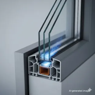 Corte transversal de um vidro duplo com gás kripton entre as camadas de vidro. Esta imagem demonstra a utilização do kripton para um isolamento térmico superior e uma maior eficiência energética nos edifícios.