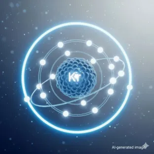 Representação científica de um átomo de kripton (Kr). A imagem foca-se na sua estrutura atómica, destacando a sua densidade e estabilidade, propriedades-chave para aplicações como o isolamento térmico e os lasers científicos.