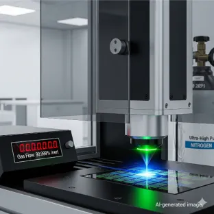 Sistema de laser de precisão em ação sobre um chip eletrónico. O néon é utilizado como gás portador nos lasers Excimer para a fotolitografia e o tratamento de metais, destacando o seu papel nas indústrias de alta tecnologia.