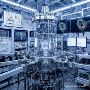 Equipamento de laboratório de alta tecnologia com tubos de néon para a física de partículas. A imagem ilustra o papel do néon, um gás inerte, nos detectores de partículas e nas câmaras de bolhas para a pesquisa científica.