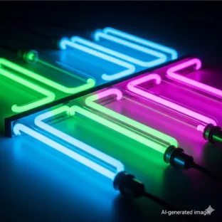 Tubos de néon luminosos com cores vivas (azul, verde, rosa) para letreiros de sinalização. O néon, um gás raro, é utilizado na iluminação publicitária e na decoração pela sua luz intensa e baixo consumo de energia.