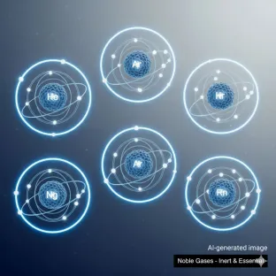 Representação visual da família dos gases raros, incluindo o hélio, o néon, o kripton, o xénon, o árgon e o rádon. A imagem estilizada ilustra a sua natureza monoatómica e a sua inércia química, propriedades fundamentais que os tornam únicos para múltiplas aplicações tecnológicas e industriais.