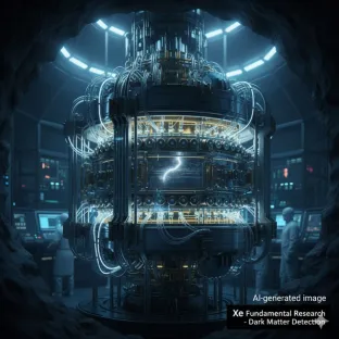 Detetor de matéria escura subterrâneo utilizando xénon líquido. A imagem ilustra o uso do xénon, um gás de alta pureza, na investigação em física fundamental para a exploração do universo e a deteção de partículas.