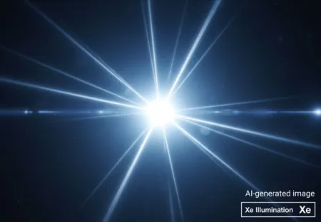 Farol de carro moderno com um potente feixe de luz de xénon. Esta imagem destaca a intensidade e a claridade da iluminação de xénon, um gás raro utilizado nos faróis dos veículos e nas lâmpadas de descarga.