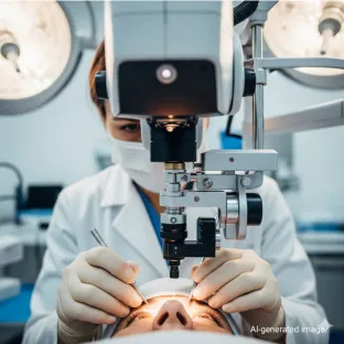 Cirurgião oftalmologista a utilizar um laser de xénon para uma cirurgia refrativa. A imagem mostra a precisão e a segurança da utilização do xénon, um gás raro, nos lasers médicos para aplicações em oftalmologia e anestesia.