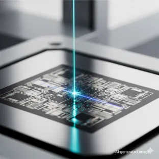Processo de litografia a laser num chip eletrónico. O xénon é um componente essencial dos lasers Excimer utilizados na indústria dos semicondutores para a gravação de alta precisão de componentes microeletrónicos.