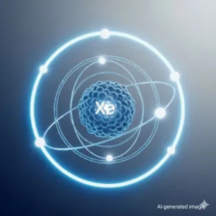 Representação científica de um átomo de Xénon (Xe). A imagem foca-se na sua estrutura atómica, destacando a sua estabilidade e natureza inerte, propriedades essenciais para a sua utilização em áreas de vanguarda como a investigação, os semicondutores e a imagiologia médica.