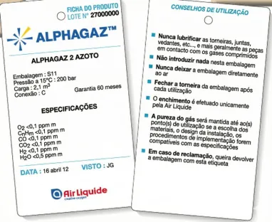Ficha de especificações (ou Ficha do Produto) acompanha às garrafas de gases puros.